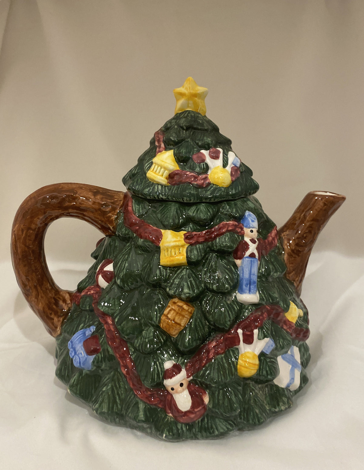 R.H Macy & CO Hand Painted Teapot 1994 Christmas Tree Shaped Holiday Pot 9.5" H