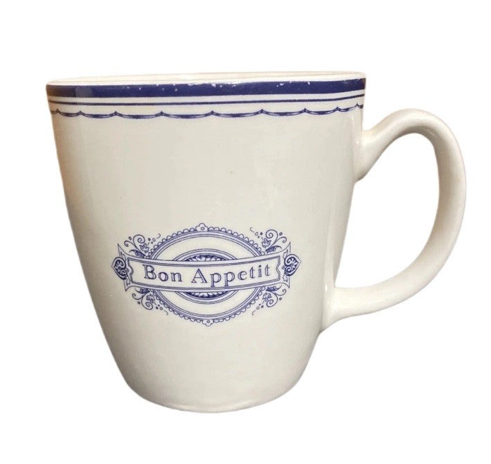 Culinary Arts Bon Appetit Mug Blue White Coffee Cup The Art of Entertaining 14oz