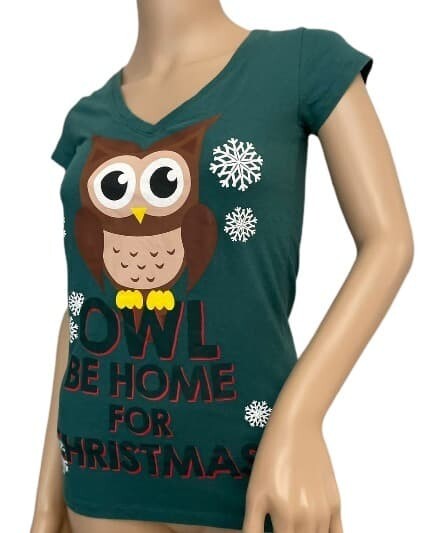 T-Shirt OWL be Home for Christmas L.O.L. VINTAGE Sm. V-Neck Cap Sleeves Green