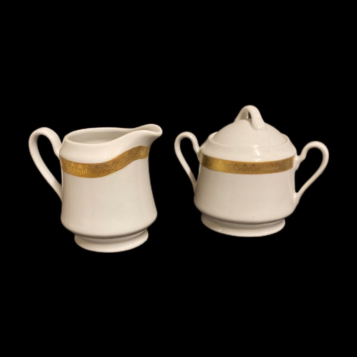 Gabbay QUEEN VICTORIA Creamer & Lidded Sugar Bowl Ceramic White Gold Border Trim