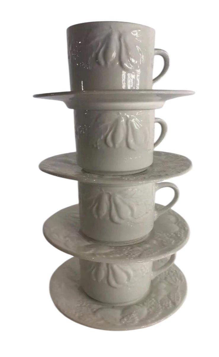 Tabletops Unlimited Fruit de Blanc Embossed Cups & Saucers Set of 4 (1995)