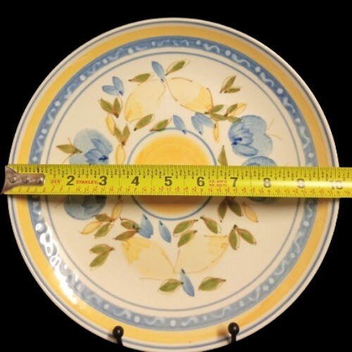 Gibson Designs CONCORDIA Dinner Plate 10 1/8" Blue Yellow Bands & Fruits