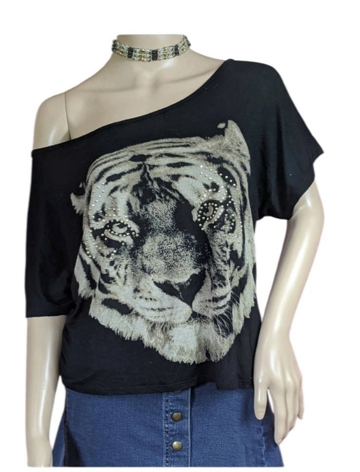 Love J Tatted Back Embellish Tiger Tee T-Shirt Women's Top