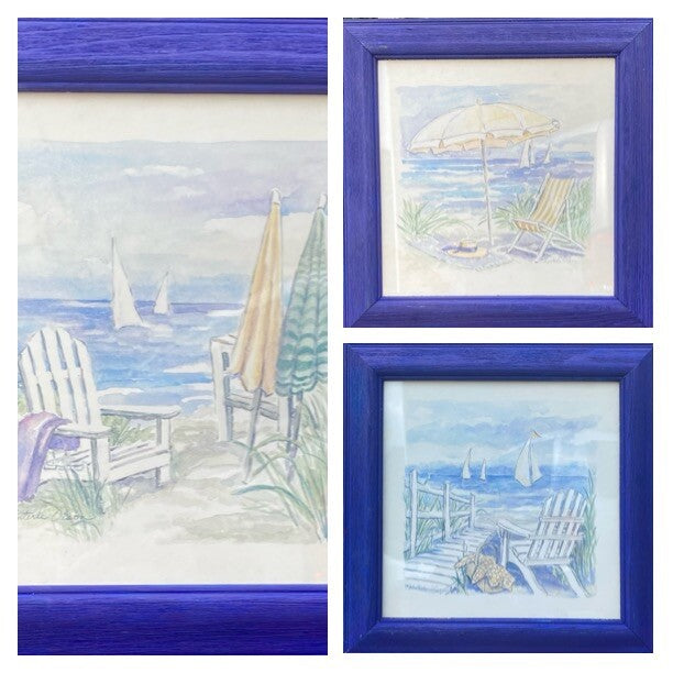 Vintage Set of 4 Charlene Winterle Olson Coastal Beach Prints Blue Frame 11.5"