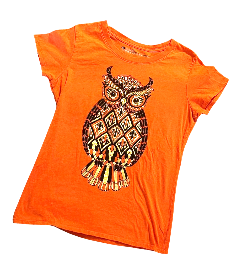 Owl Embellished Sequin Beaded Orange Graphic Tee Women Girls M 8-10 Casual Top