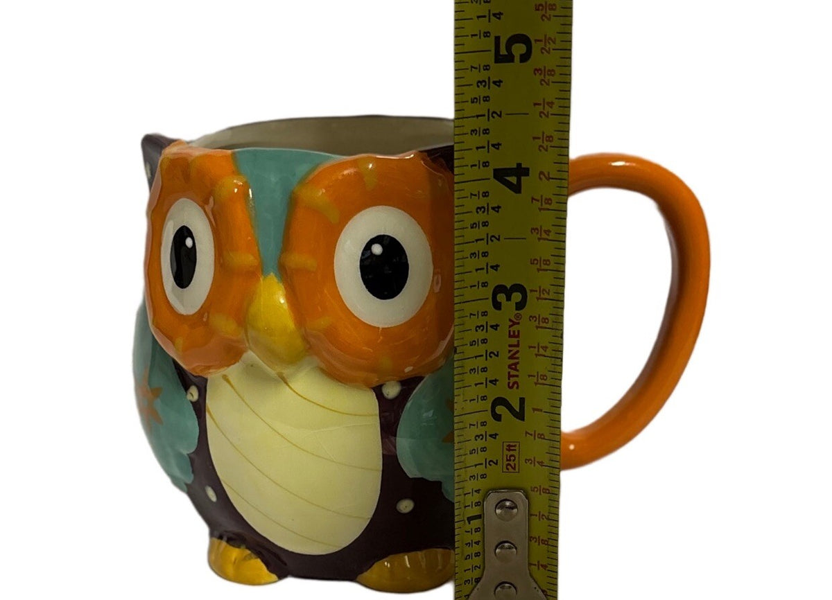 Rustic Barn Owl Mug Ceramic Coffee Tea Cup Orange Handle Black White Dots