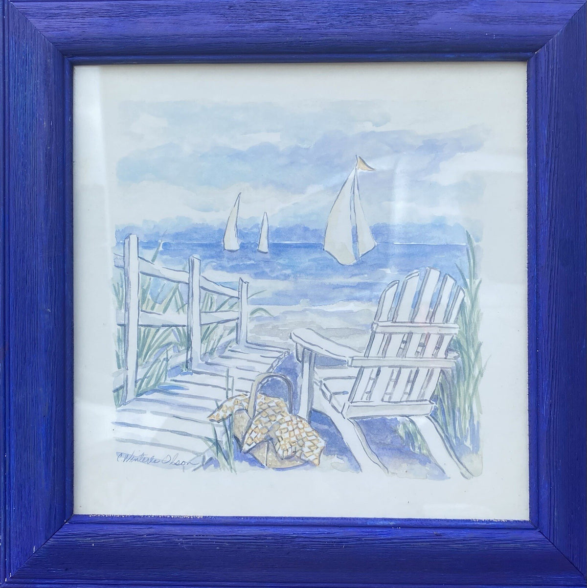Vintage Set of 4 Charlene Winterle Olson Coastal Beach Prints Blue Frame 11.5"