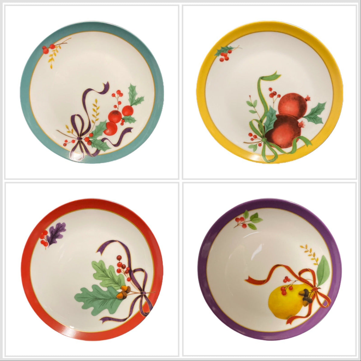 Fringe Studio 4 Salad Plates Christmas Dessert Dishes Fruits Holly Berry Bow CA
