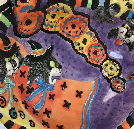 Fitz & Floyd KITTY WITCHES Halloween HandCrafted Ceramic Deep Platter Candy Bowl