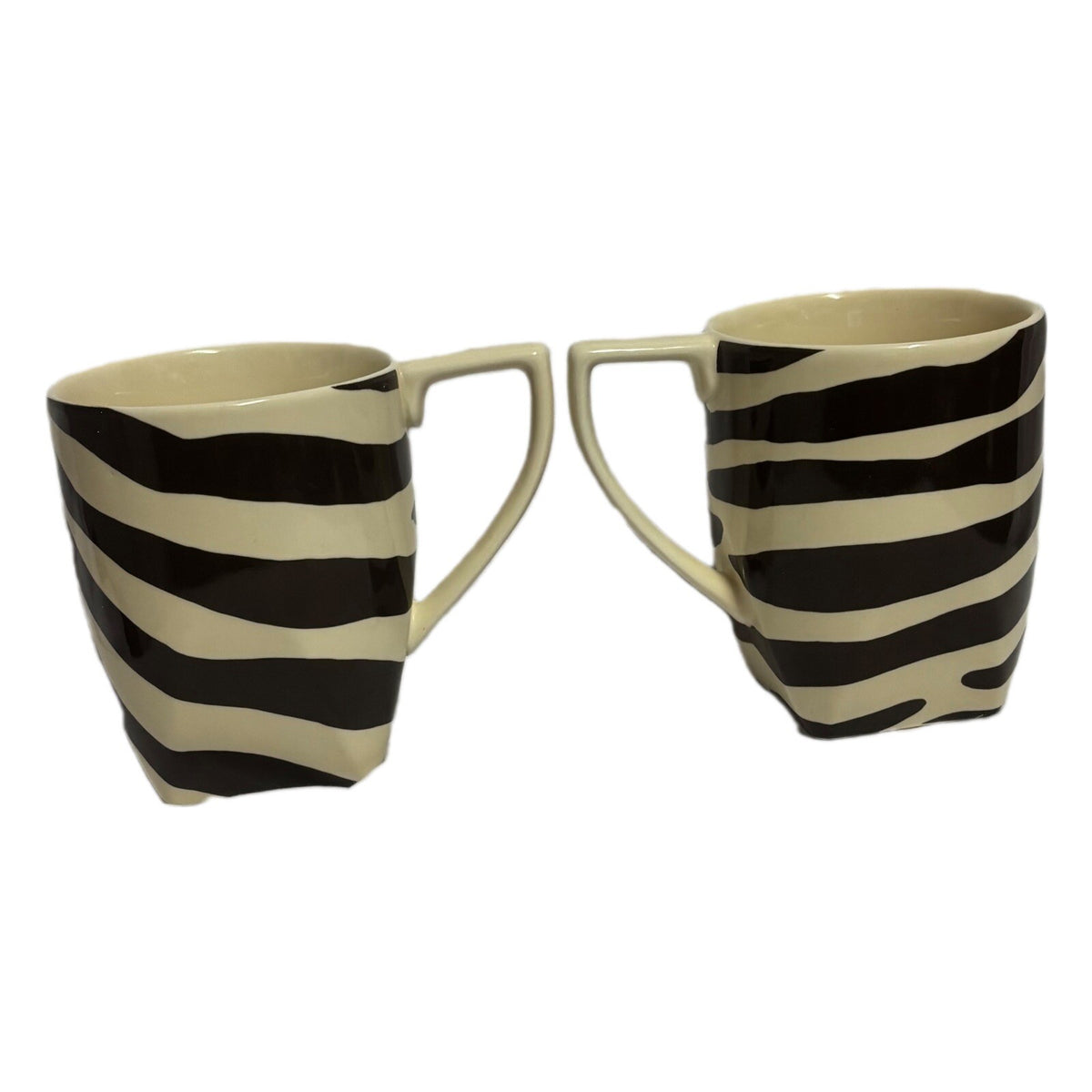 222 Fifth 2-Mugs BROWN ZEBRA Fine Porcelain Coffee Tea Cups Stripes PTS Int'l