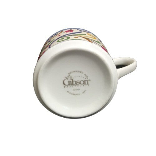Gibson Designs LYON 6-Cups Coffee Tea Blue Band Multicolor Scrolls Flowers 8 Oz