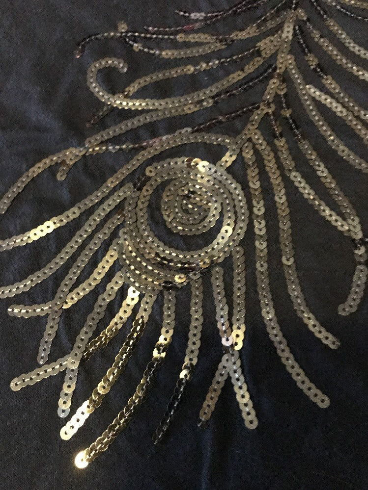 LOL Vintage Women’s Large Black T-Shirt ✦ Gold Sequin Peacock Feather Design Top