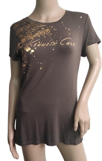 Kenneth Cole Women's T-Shirt Short Sleeves Green Gold Foil Graphic Scoop Neck MD