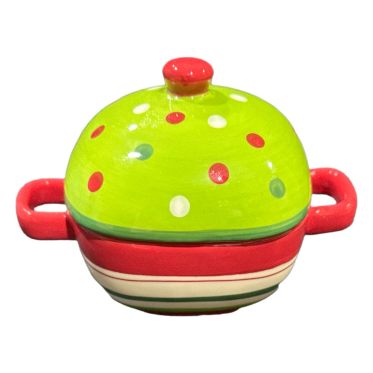 Set of 2 Festive Polka Dot Ceramic Soup Bowls w/ Lids – Handpainted Red Green