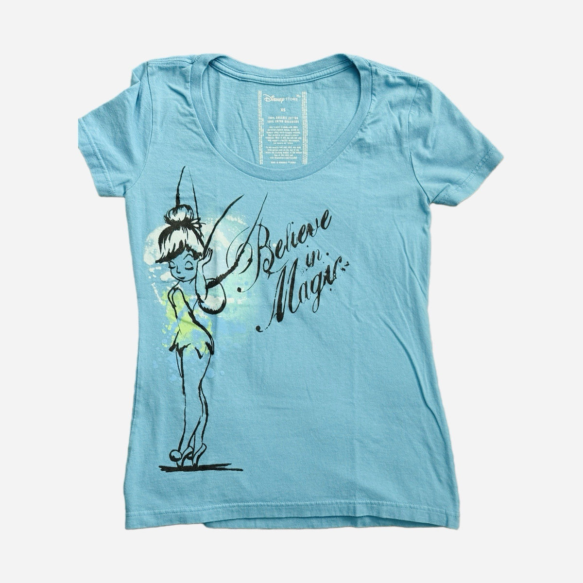 Disney Store Tinkerbell XS Girls Blue Organic Cotton T-Shirt Believe in Magic
