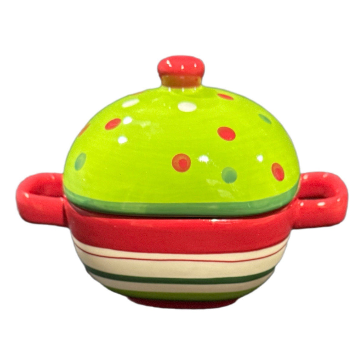 Set of 2 Festive Polka Dot Ceramic Soup Bowls w/ Lids – Handpainted Red Green