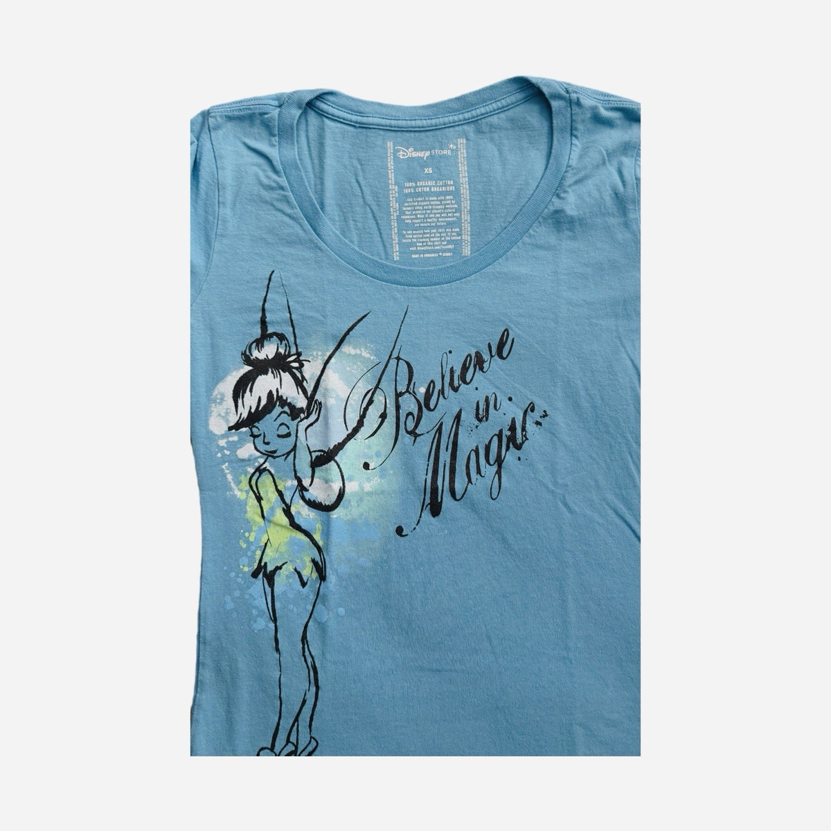 Disney Store Tinkerbell XS Girls Blue Organic Cotton T-Shirt Believe in Magic