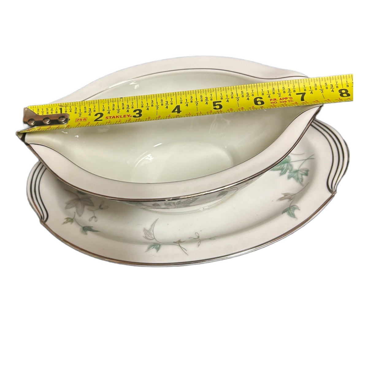 Noritake Greenwood Gravy Boat Condiment Dish Leaves Silver Trim Japan 5769