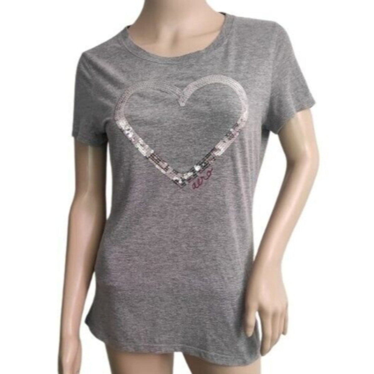 Aeropostale T-Shirt Heart Embellished Sequins L Gray Short Sleeves Crew Neck Top
