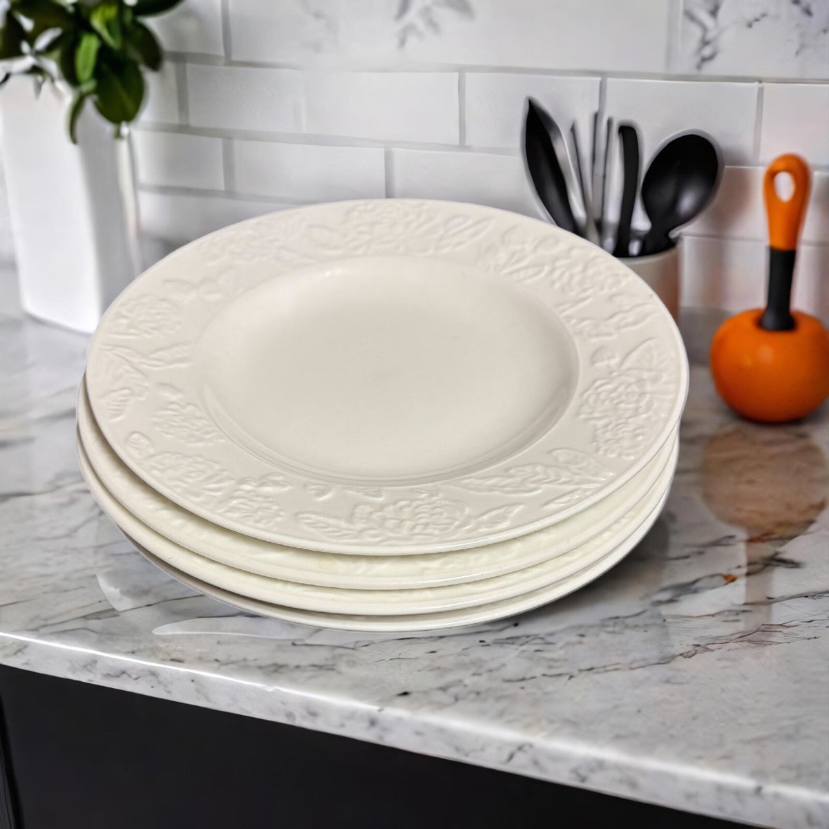 Martha Stewart VINTAGE ROSE 4-Salad Plates Embossed White Dessert Ceramic Dish
