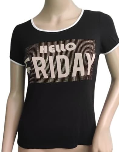 T-Shirt Hello Friday by Arubee M Women Tee Black White Gold Top