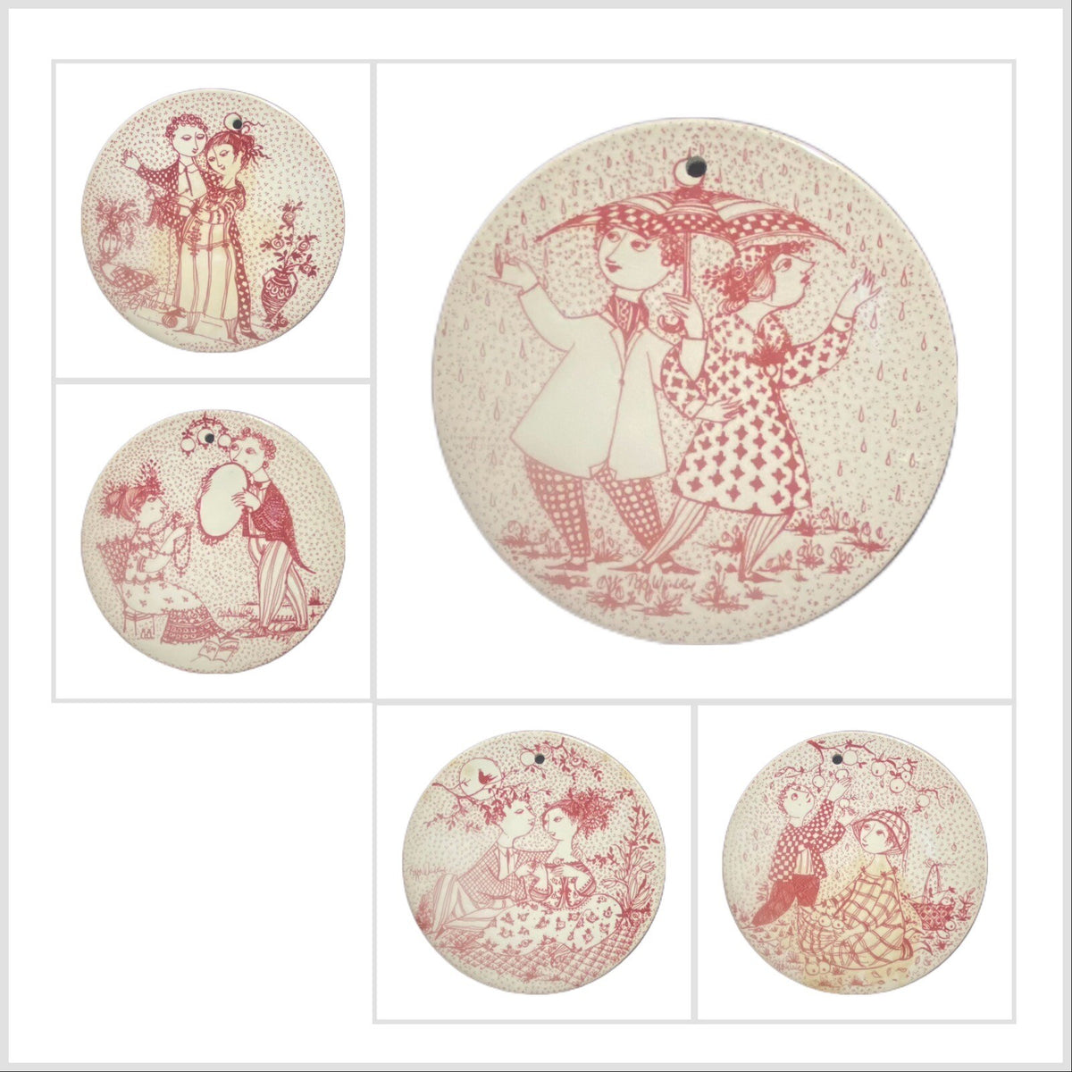 BJORN WIINBLAD 5 Piece Tile Wall Plaque Trivet Nymolle Denmark Red White 5 7/8"D
