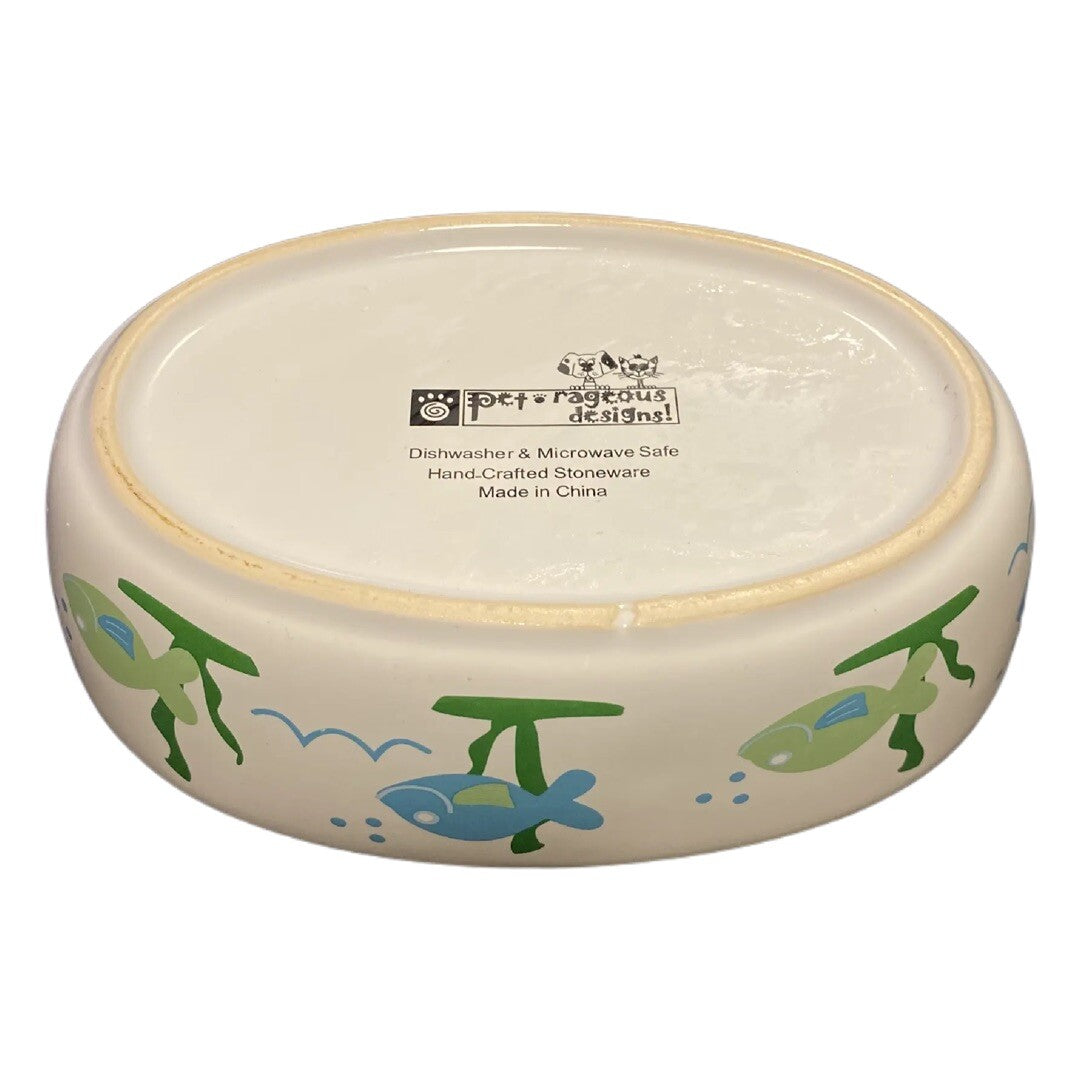 PetRageous Designs White Oval Cat Bowl Stoneware Food Water Dish Green Blue Fish