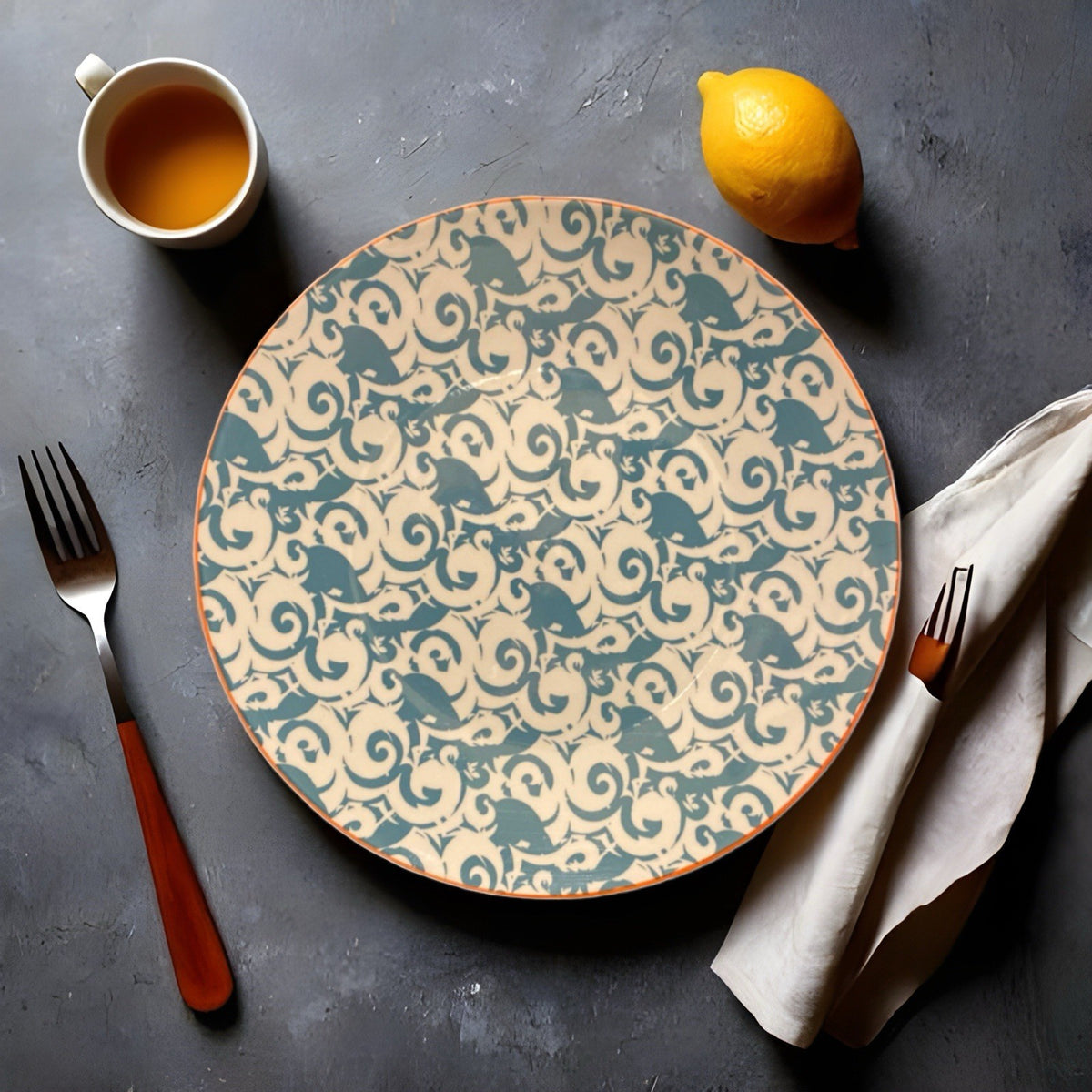 Better Homes & Gardens PIERS TEAL Ceramic Dinner Plates Scrolls Orange Trim