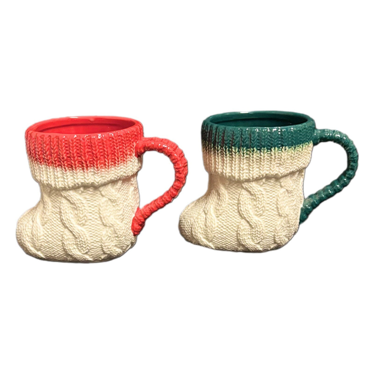 Anthropologie 2-Mugs CABLE KNIT Design Winter Holiday Boot Shape Coffee Tea Cups