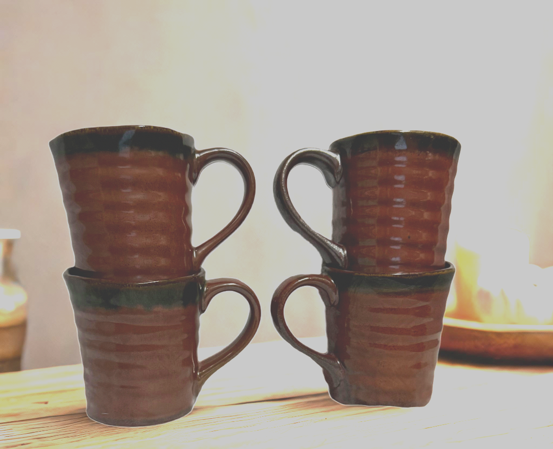 Set of 4 Gourmet Expressions Stoneage Cinnamon Mugs Ribbed Brown Rustic