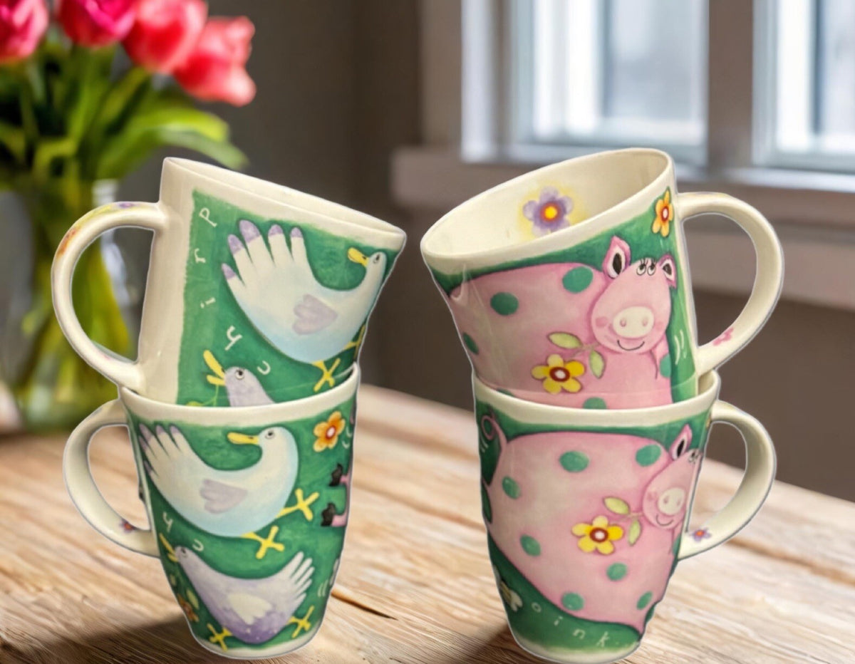 Roy Kirkham 4-Mugs COUNTRY CAPERS Farm Pig  Birds Floral OINK Bone China England