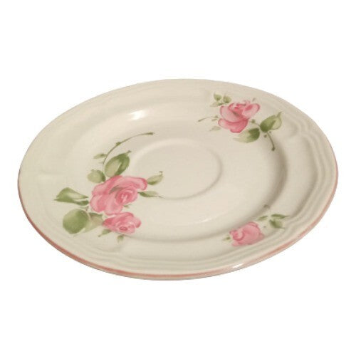 Gibson Designs ROSELAND 6-Cups & 6-Saucers Pink Roses Tan Body Pink Trim Ceramic