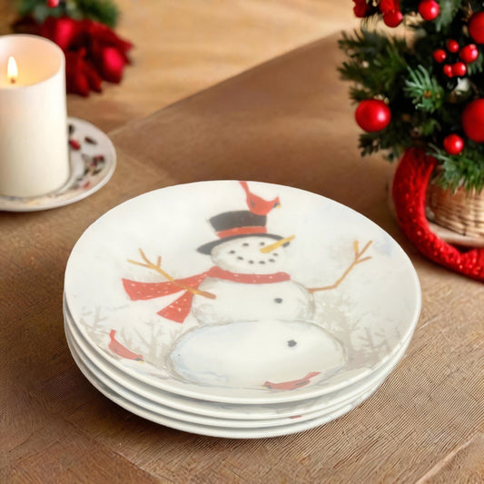 222 FIFTH WINTER CHEER 4-Appetizer Plates Holiday Christmas Snowman Cardinal Red