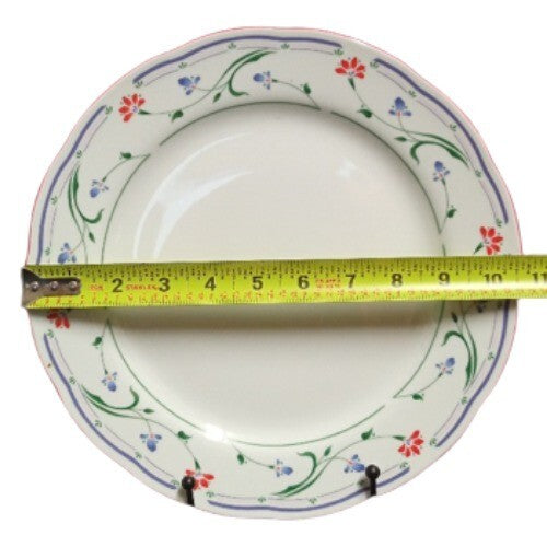 Gibson Designs GRACE 6-Dinner Plates 10 5/8"D Blue Red Flowers Green Blue Lines
