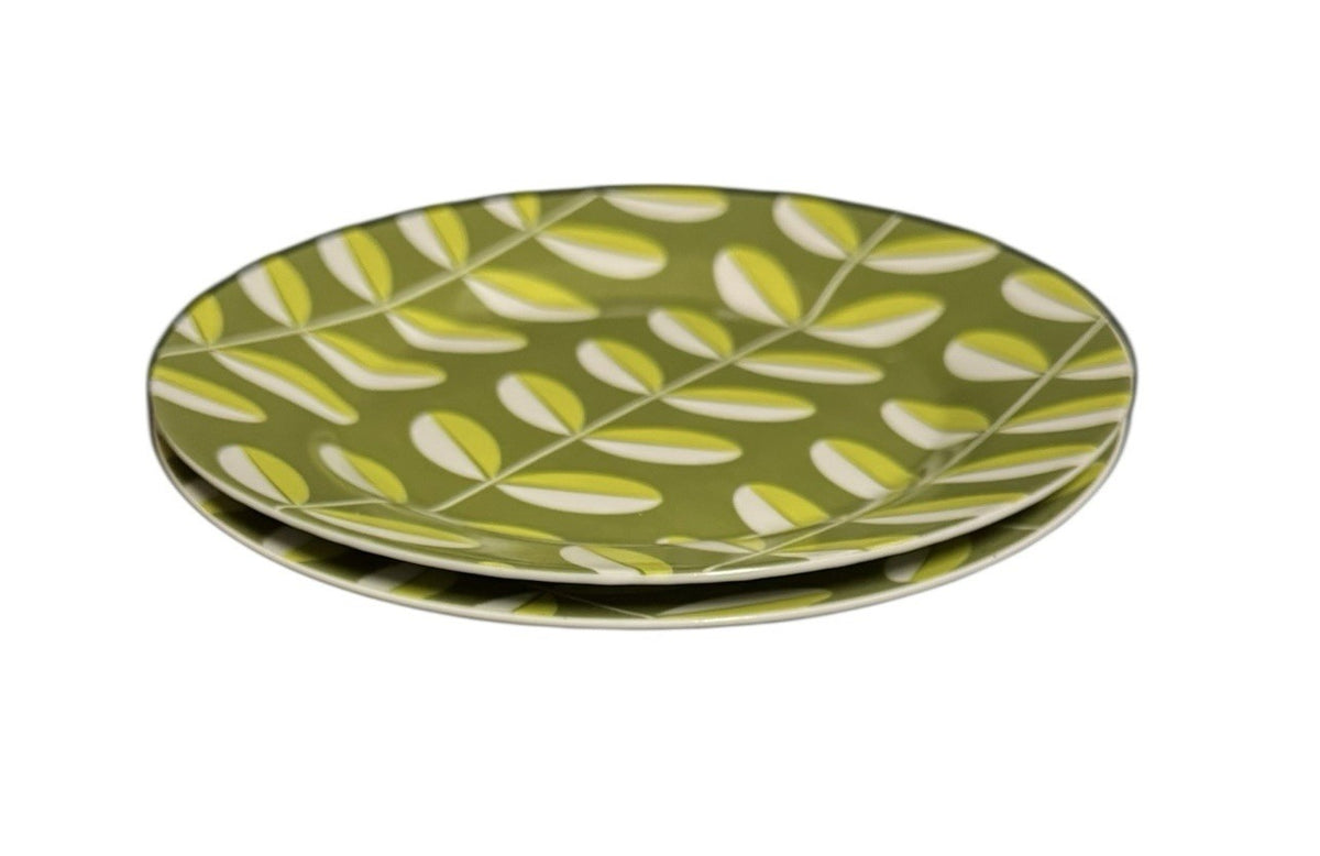 DANICA  2 Salad Plates Porcelain Appetizer Dessert Breakfast Set Green Leaves