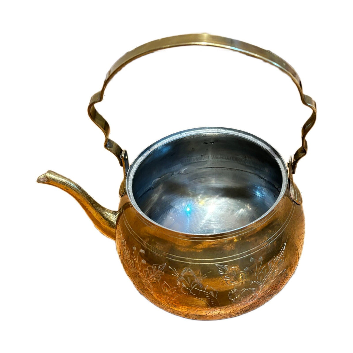 Vintage Solid Brass Teapot Kettle & lid Etched Floral Folding Handle India