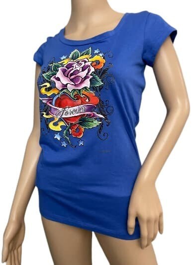 Dots T-Shirt Forever Woman Blue Top Cap Sleeves SM. Floral
