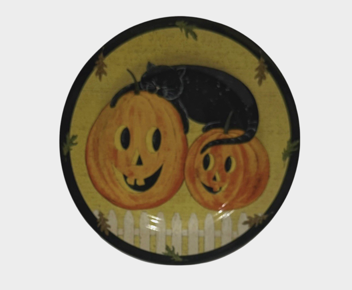 Warren Kimble Pumpkin Dreams 8” Plates Black Cat Pumpkins Sakura 2000 Set of 2