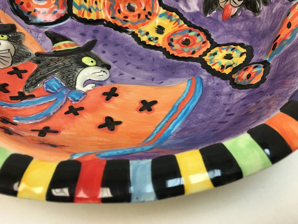 Fitz & Floyd KITTY WITCHES Halloween HandCrafted Ceramic Deep Platter Candy Bowl