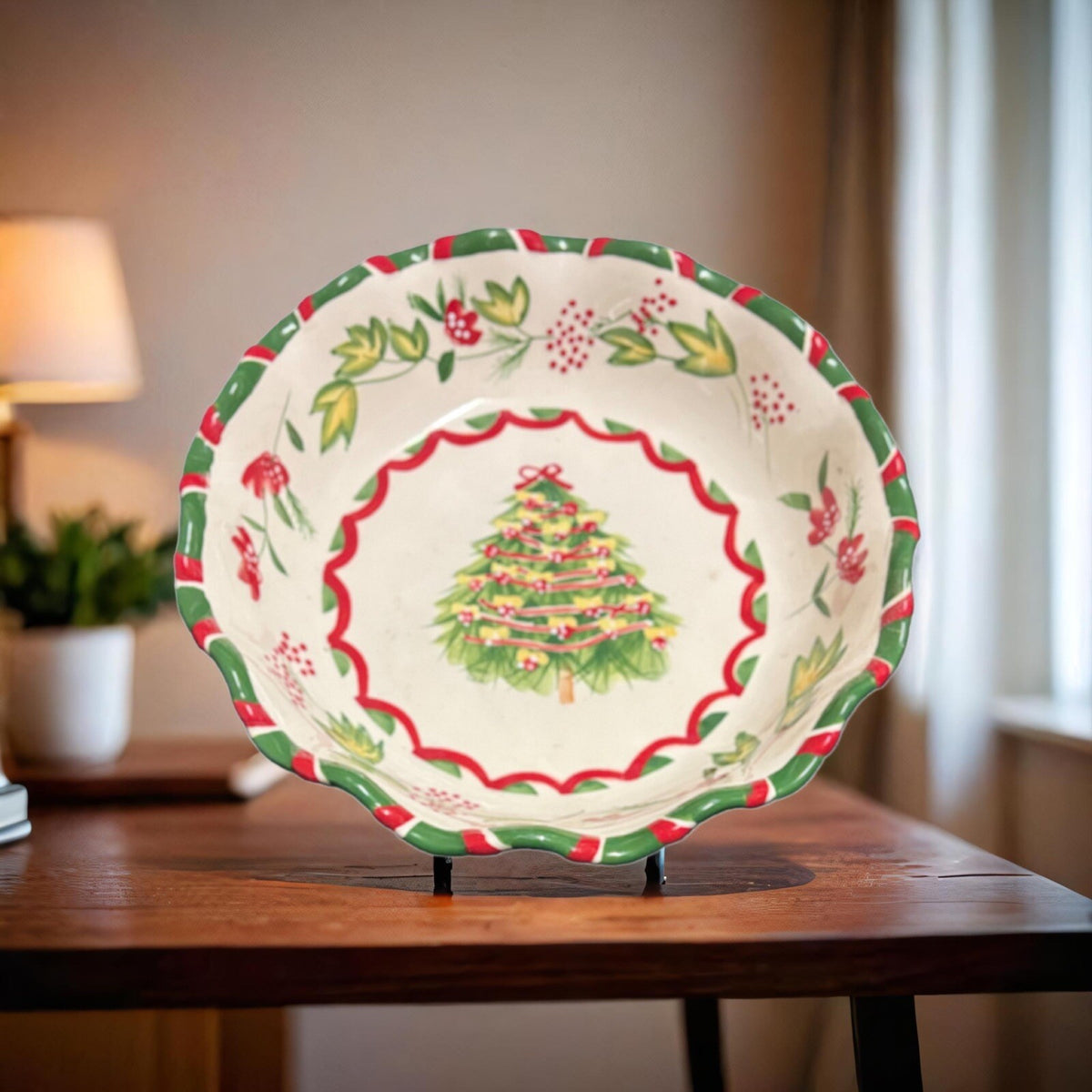 BOSTON WAREHOUSE Serving Bowl Scalloped Christmas Tree Floral Red Green Dish