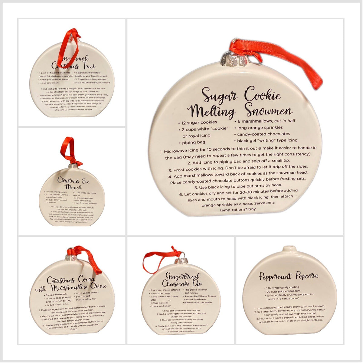 Temp-tations by Tara 6-Christmas Ornaments Ceramic Stand Or Hang Recipe On Back