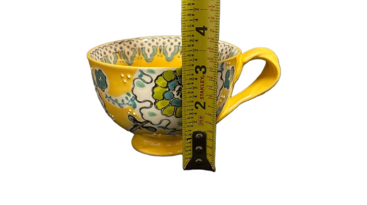 Anthropologie ELKA AYAKA Mug Yellow Floral Footed Pedestal Cup Twisted Handle