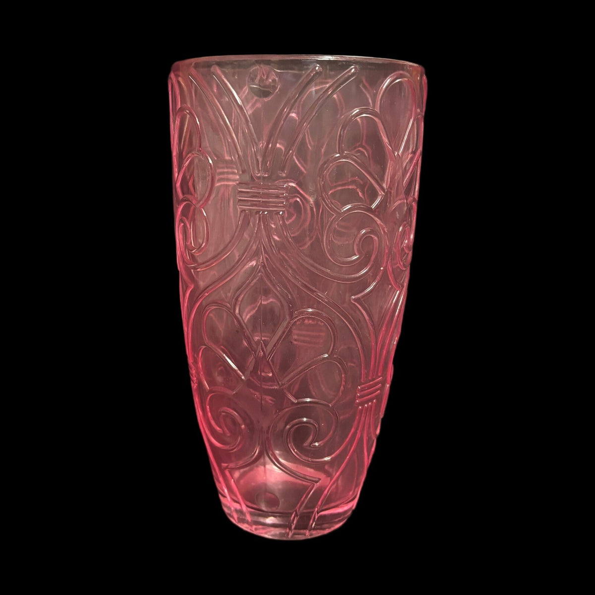PINK VASE Tall Glass Intricate Molded Designs Pressed Glass