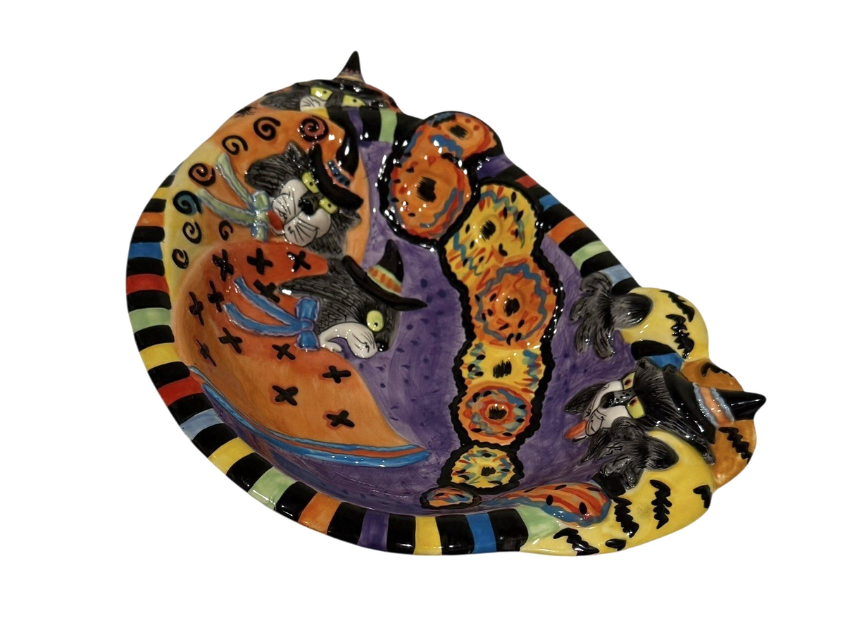 Fitz and Floyd Kitty Witches Halloween Cat Bowl Large 14” Handcrafted Ceramic
