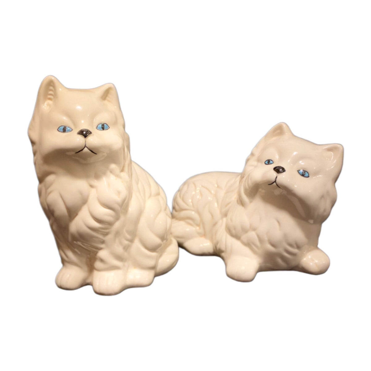 Vintage Persian Cats Long Hair Blue Eyes Set of 2 White Ceramic Figurines
