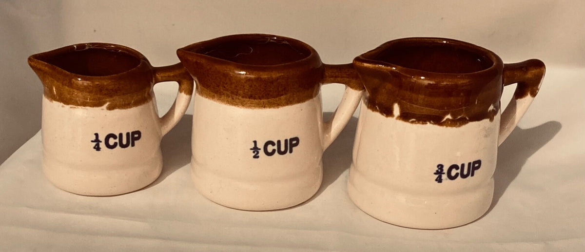 Vintage Measuring Cups Glazed Stoneware Set of 3 - 1/4, 1/2, 3/4 Brown Pottery