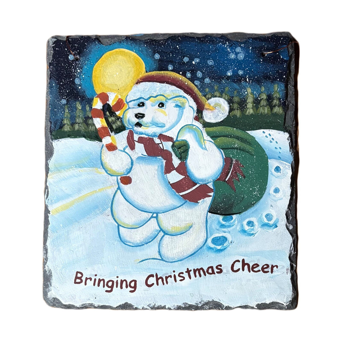 BRINGING CHRISTMAS CHEER Hand Painted Slate Hanging Home Decor Ornament Winter