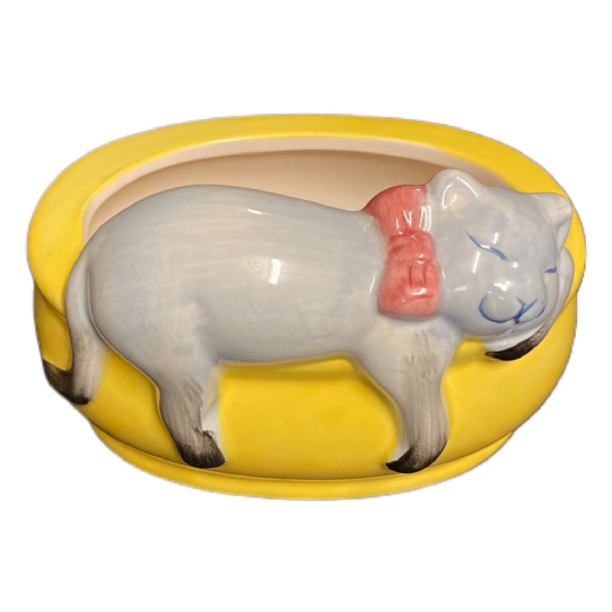Ceramic Oval Yellow Planter Kitten Sleepy on Edge Cat Bluish Gray Meow Pink Bow