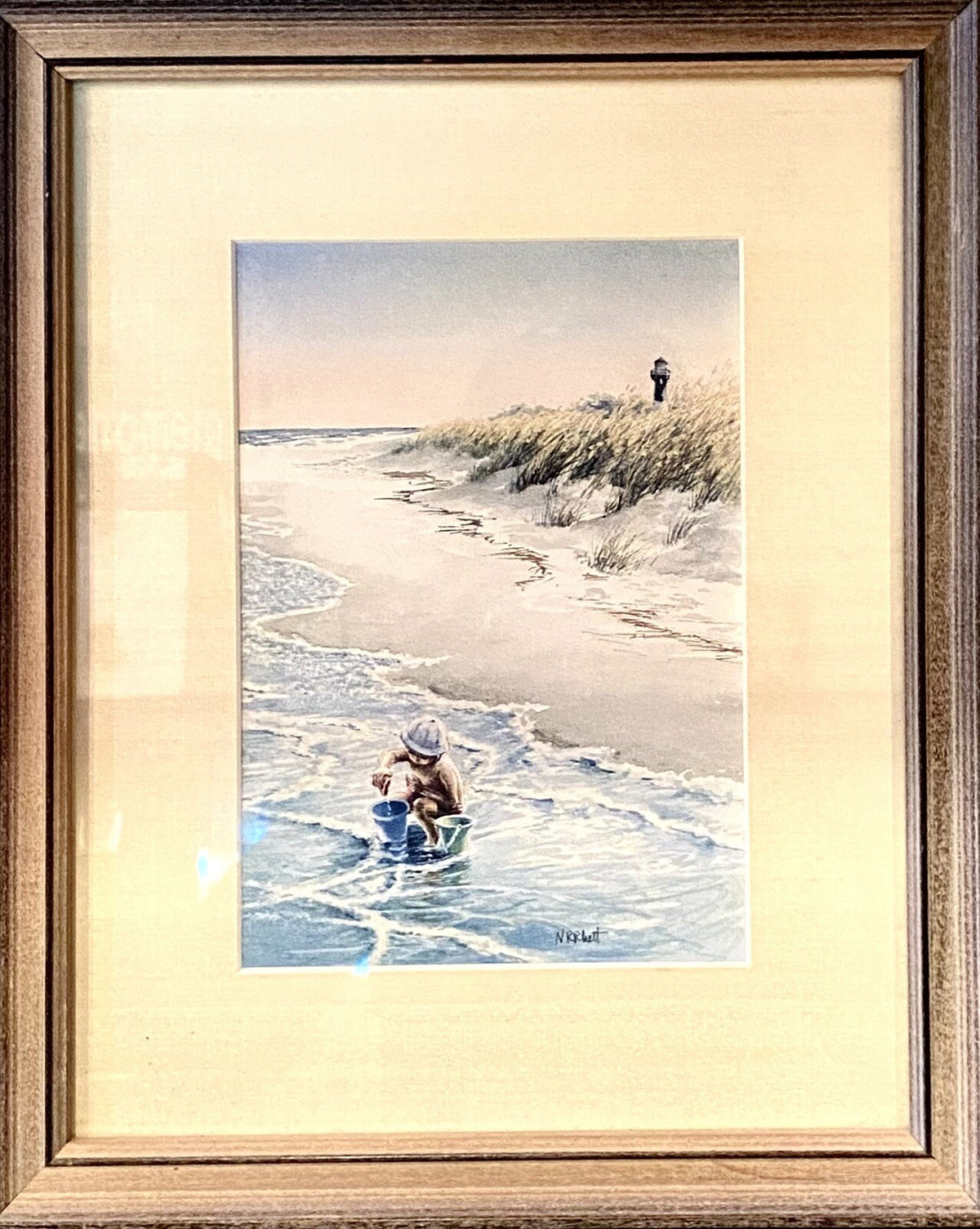 Nancy Ricker Rhett Signed Watercolor Print Child at Beach 11 x 9.5 Inches Framed