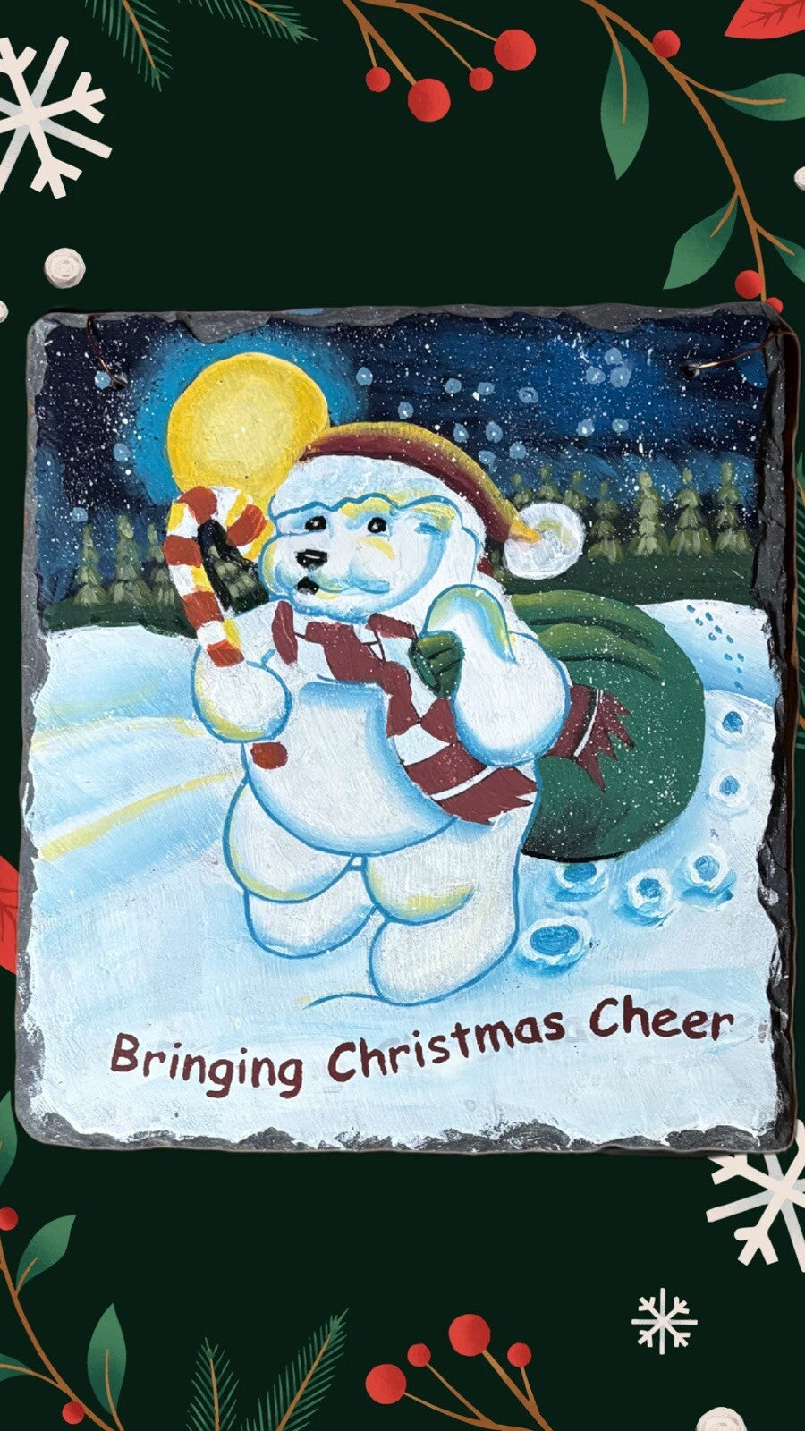 BRINGING CHRISTMAS CHEER Hand Painted Slate Hanging Home Decor Ornament Winter